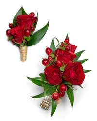 Crimson Corsage and Boutonniere Set from Scott's House of Flowers in Lawton, OK