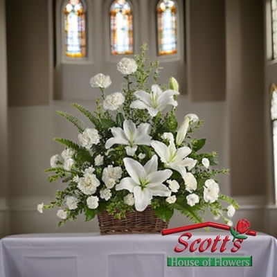 Peaceful White Lilies Basket from Scott's House of Flowers in Lawton, OK