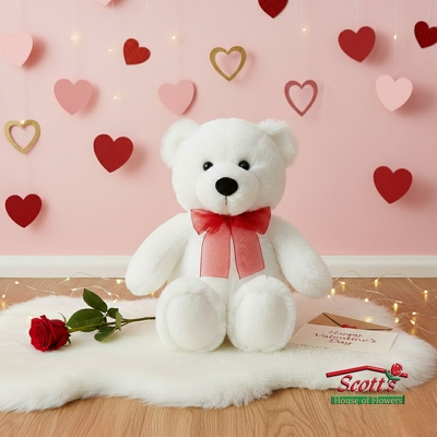 Valentine Bear (White Bear Red Bow) from Scott's House of Flowers in Lawton, OK